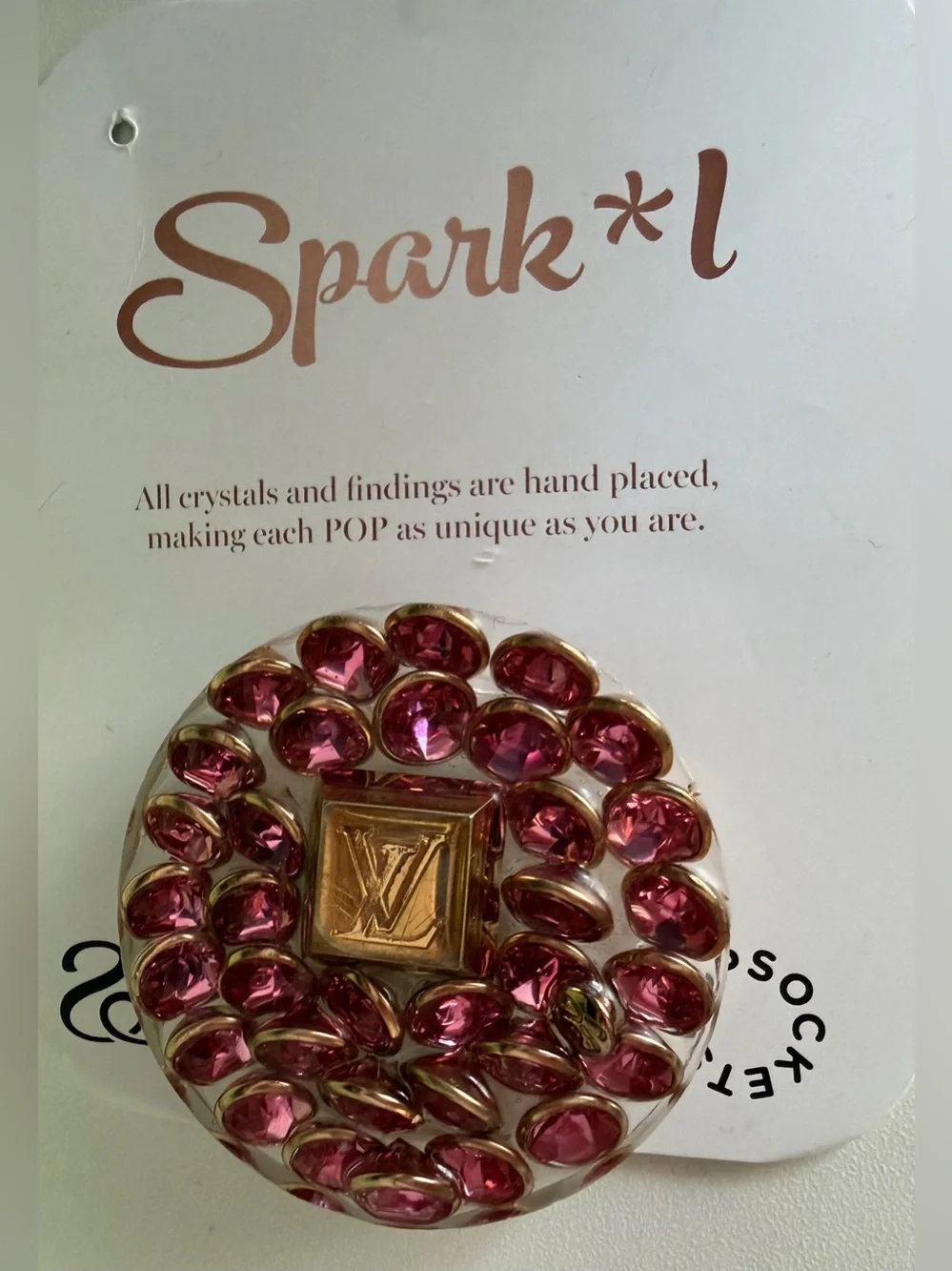Upcycled Swarovski Crystal PopSocket with LV button - Designer Phone Accessory
